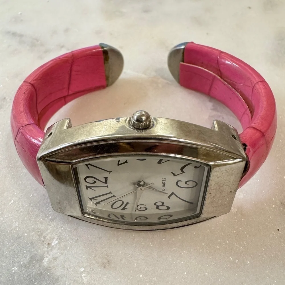 Pink Cuff Watch With Wide Metal Frame